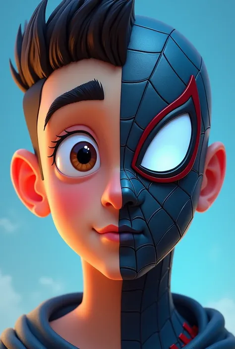 2D animation Young man portrait left side of the face, with buzz cut hair, thick black eyebrows with expressive brown eyes and long eyelashes, small nose and small mouth with a dark lower lip. The right side is the Spiderman mask in light blue tones.