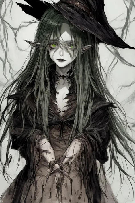 witches green eyes long thin nose very short big lips long dirty hair .torn witch clothes 