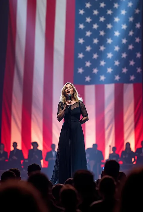 Image of singer Adele singing with a stage and American flags in the background 