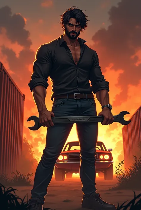 Create a anime style landscape long shoot image. Anime ,Dramatic and intense digital anime artwork featuring a 20 year boy with a stern expression, sitting on a large tire with chains. He has a medium skin tone, a thick beard, and tousled dark hair. He is ...