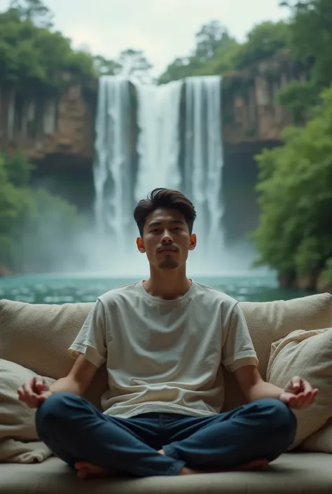 A Guy chilling in the  sofa looking towards camera and in the background there is waterfall and forest and make the guy face visible to the camera