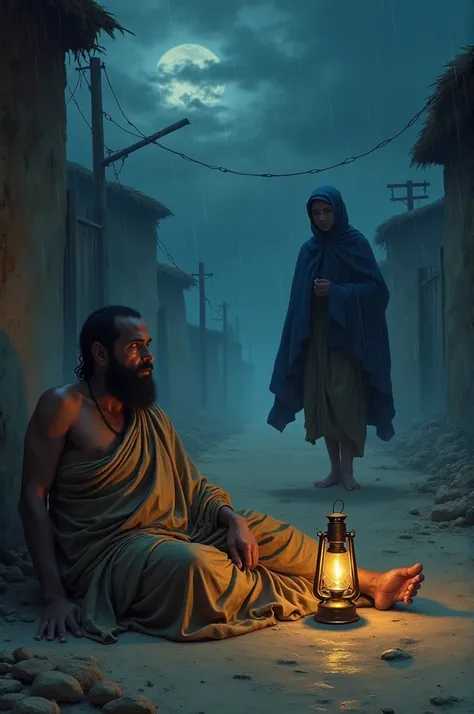 Upagupta ,the disciple of Buddha wearing sage clothes, is lying on dusty road of Mathura without any pillow or any other amenities in 3rd Century BC at a stormy night and a young woman trips over the chest of Upagupta ,waking him up . His eyes is forgiving...