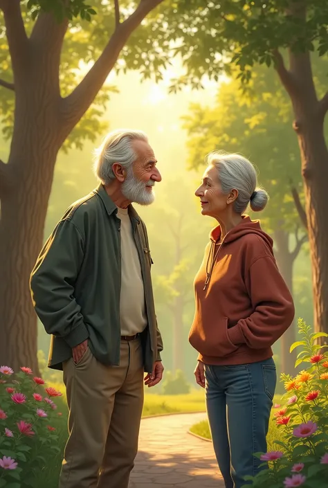 two old men, A Man and a Woman, that they are talking in a park with trees, flowers and on a sunny day.