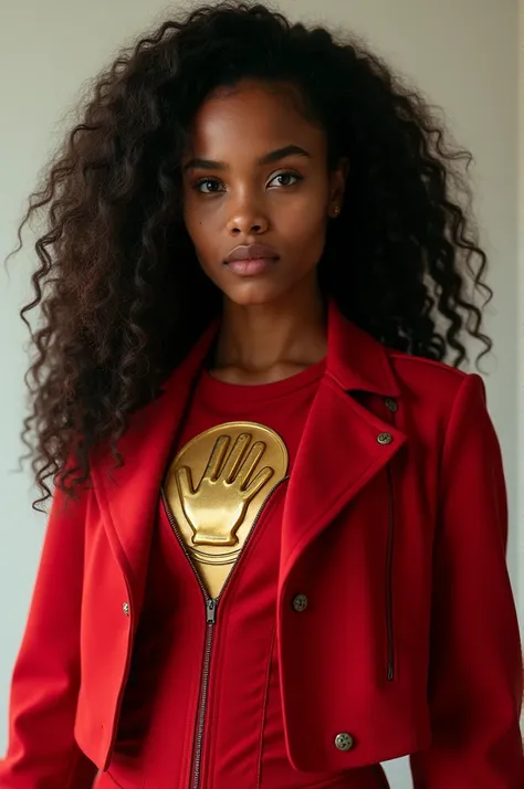 Show whole person. Curl hair. Beautiful teen Kenyan woman. Hero outfit color red. She wears a jacket but make it heroic outfit. Hand logo on her outfit 