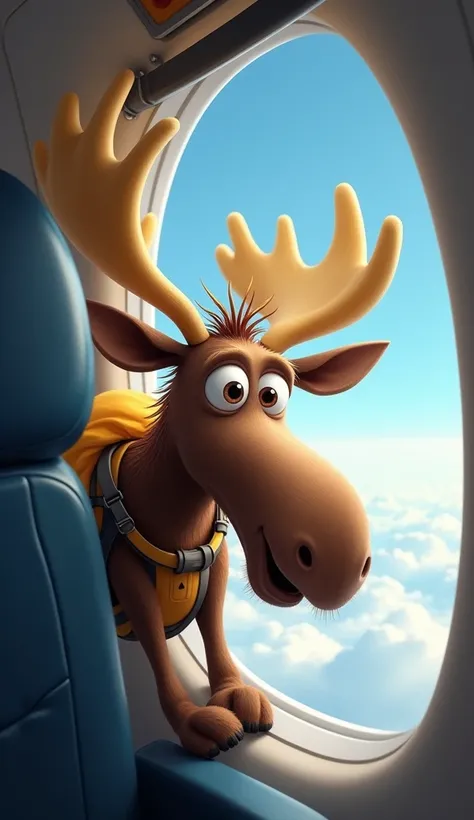 A funny depiction of a moose with a parachute on its back looking confused while hanging on the edge of the airplane window, The text: pushing a moose out of a plane