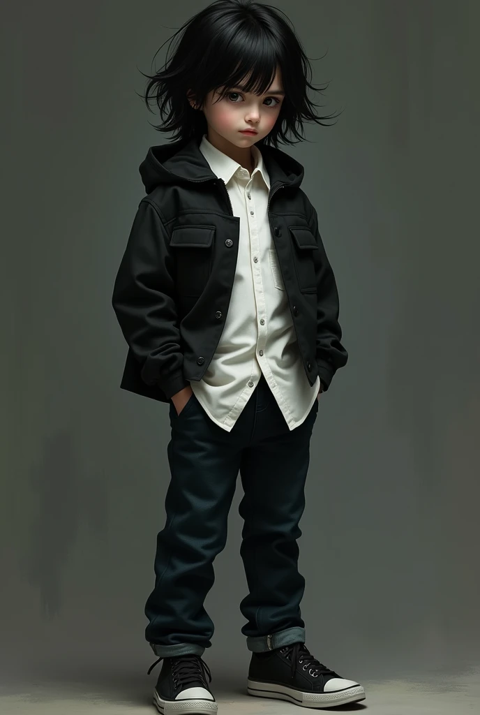 Boy with long black hair and dark eyes white shirt black jacket black pants and black sneakers