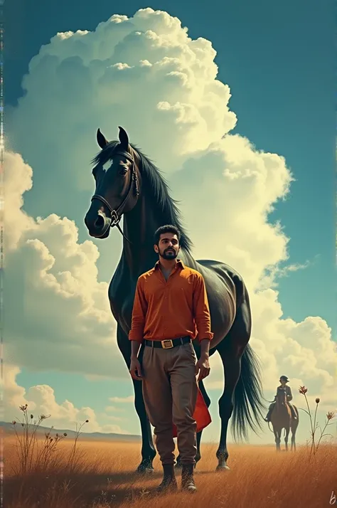 a man standing in front of a horse and a sky with clouds in the background with a horse and a man in the foreground, Altoon Sultan, samikshavad, movie poster, poster art