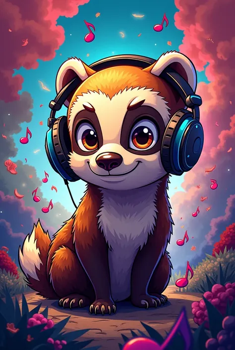 Create a 3000X3000 pixels a Catoon music art cover with  honey badger with headphones 