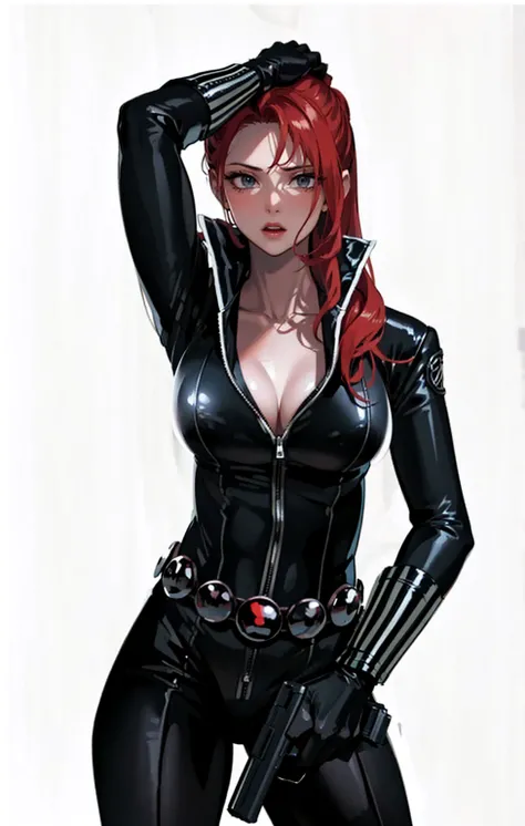 The image features a girl with long, bright red hair, dressed in a sleek skin-tight shiny black latex bodysuit with a deep-cut zipper neckline revealing a large chest, the silver zipper running down the front. The suit is complemented by her iron wrist gua...