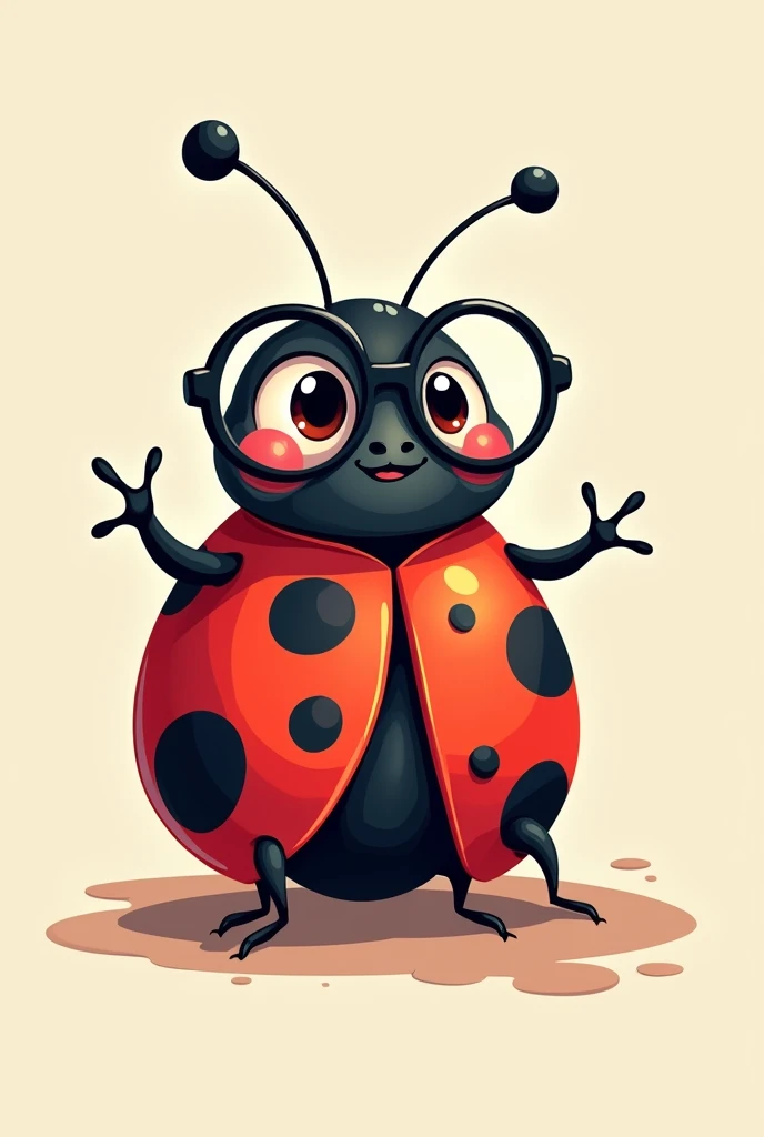 Logo with drawing of Ladybug wearing glasses and doing art, very cute and detailed with a neutral background in the center