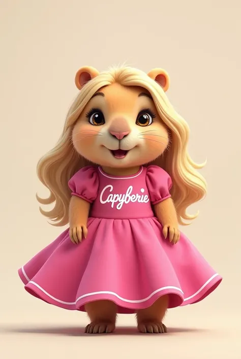 A cute capybara with a happy expression with blonde hair and a pink Barbie dress with the word capybarbie written on it 