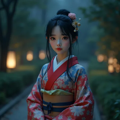 (((Hyperrealistic young Japanese woman))), (((Alone woman))), Delicate and beautiful face, beautiful black eyes, His face expresses peace, calm, funny, beautiful red blue and white kimono, wooden sandals, full body girl in the park, night image, hyperreali...