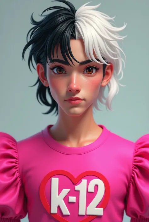 Gender:male style:realistic He has no breasts Skin: Clear Eyes: Brown Hair: divided in half, with one side black and the other white Shirt: Pink with puff sleeves, with a heart written in front "k-12"