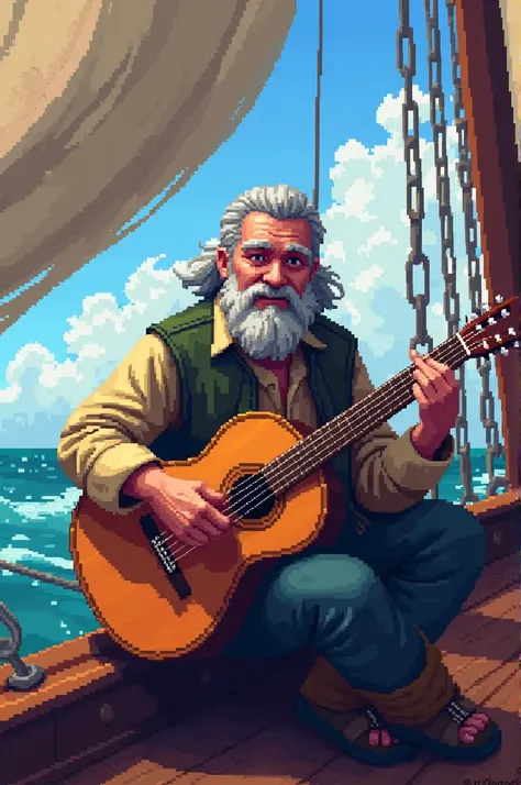 A mariner playing guitar in a ship,3d pixel, vivid colour