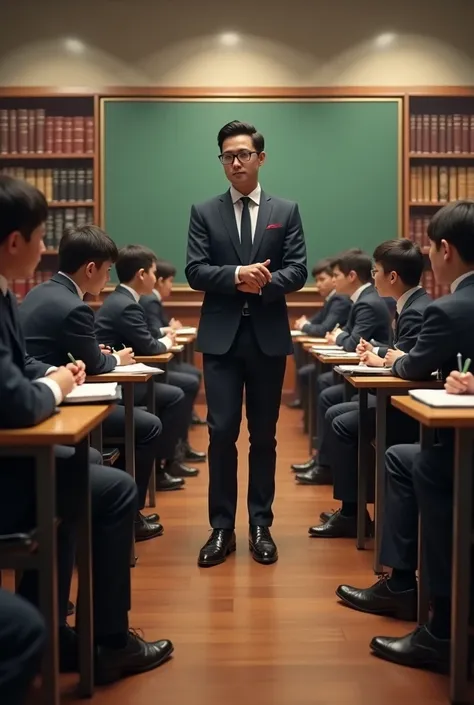 A teacher giving lessons to students dressed in suits and ties in a classroom