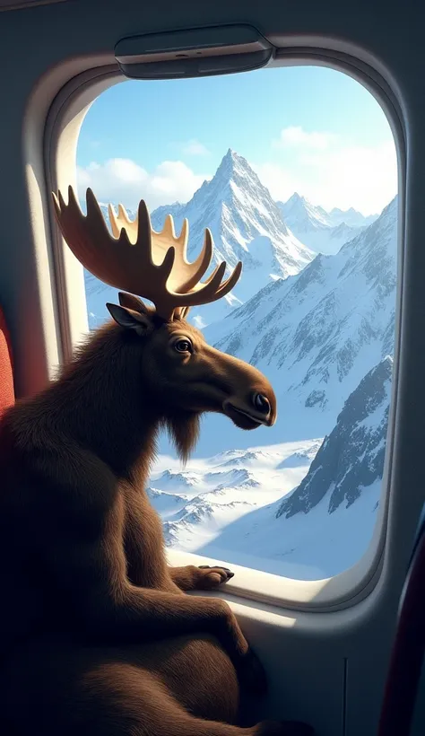 Plane continues to fly peacefully over the snow-capped mountains as the moose looks out the window