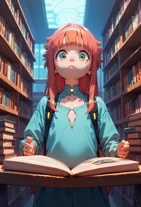 a gigantic futuristic library with thousands of books. a cyberpunk kid in the center of the library looks on in awe