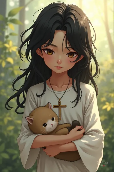 Boy with long black hair in white crucifix shirt holding a kitten 