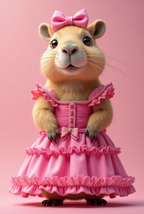 A cute capybara with a happy expression wearing a pink Barbie dress with the words capybarbie linda written on it!!!!
