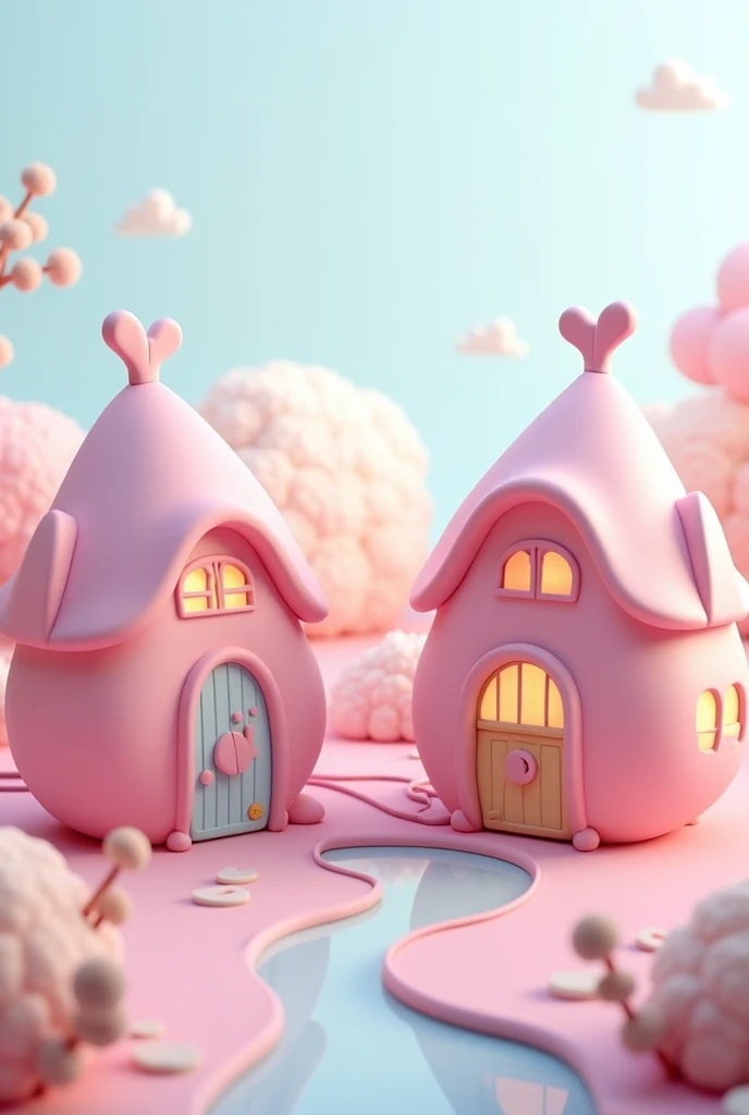 Two cute pink 3d houses side bay side connected to eachother with two noticeable wires on each side with a temperature measurement device between them