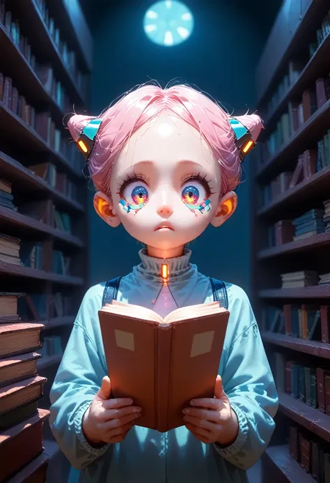 a gigantic futuristic library with thousands of books. a cyberpunk kid in the center of the library looks on in awe