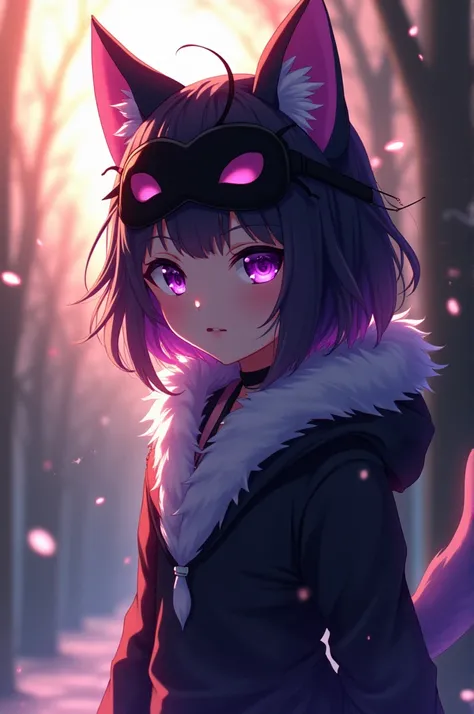 1 girl, black fur, multicolor fur, purple eyes, mask on the head, side lighting, light particles, Kimetsu no Yaiba background,