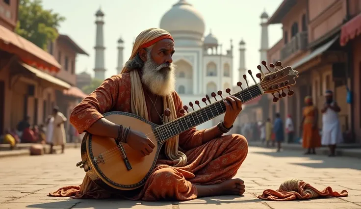 1934; (masterpiece, best quality) man playing Sitar on the street(Agra)
