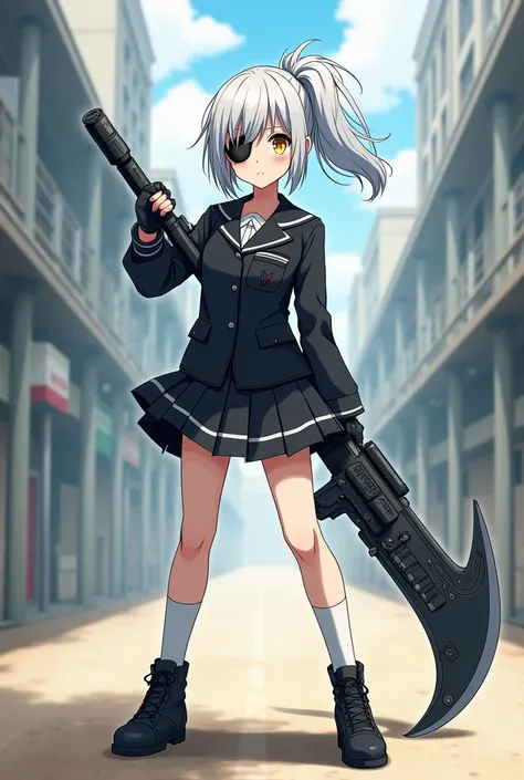 Medium height White short ponytail anime girl medium breast Determine yellow eye color with black eye patch wearing black school uniform, short skirt, long white sock,tactical boots, tactical glove wielding a long futuristic scythe. Manga anime art style.