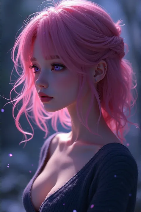 With pink hair and purple eyes,beautiful as a fairy,A melancholy expression that stirs affection,side face,floating hair,light particles,glare,vivid,fancy,dreamlike,a dim atomshpere,college-aged,average-sized cleavage covered by sweater,not showing,sad,tea...