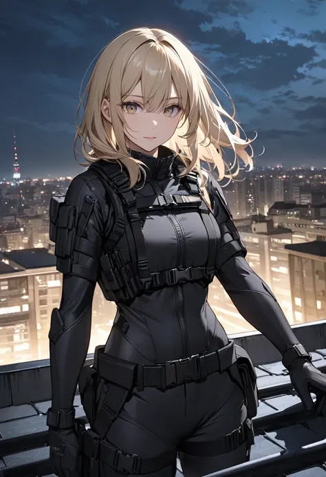 Light-haired woman, with black tactical suit, on a roof of a building at night 