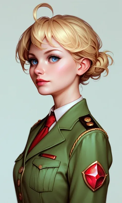 (standing alone:1.1), (1 girl:1.1), tanyadegurechaff, blue colored eyes, hair blonde, pointy hair, Ahoge, 
Red Gem, military dress uniform, green clothing, 
standing, trunk, close up,realistic appearance
