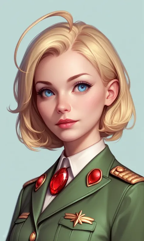 (standing alone:1.1), (1 girl:1.1), tanyadegurechaff, blue colored eyes, hair blonde, pointy hair, Ahoge, 
Red Gem, military dress uniform, green clothing, 
standing, trunk, close up,realistic appearance
