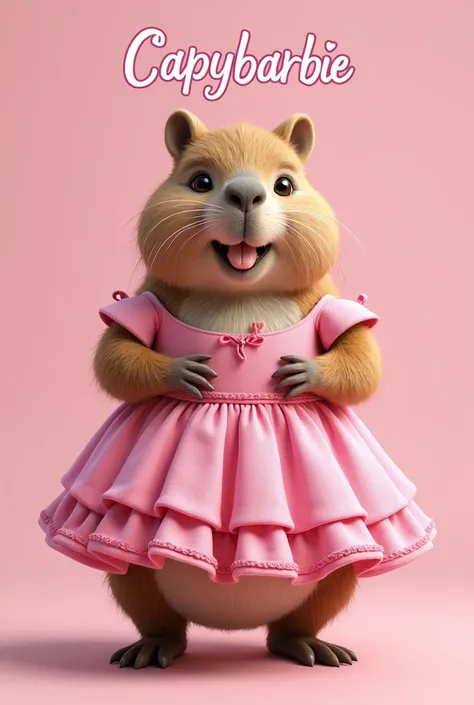 A cute capybara with a happy expression wearing a pink Barbie dress with capybarbie written on it. capybaraa with a happy and cute smile



