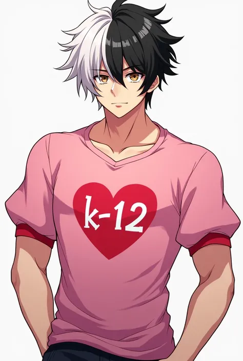 Gender:male style:male anime Body:muscular and without big breasts Skin: Clear Eyes: Brown Hair: divided in half, with one side black and the other white Shirt: Pink with puff sleeves, with a heart written in front "k-12"