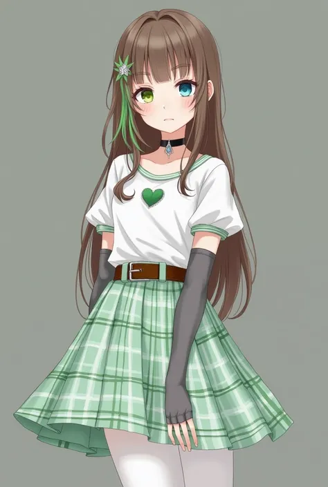 A girl with brown hair ,Long and straight, She has a green lock of hair on the left side of her head and a silver star brooch., His right eye is blue and his left eye is green., Black choker, A white, short-sleeved, waist-length blouse with a small green h...