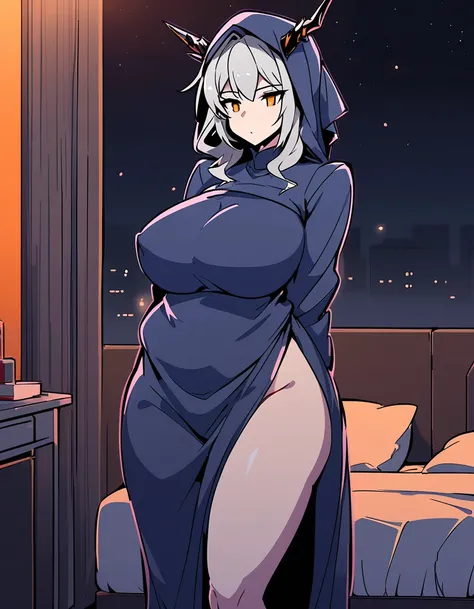 Talulah(Arknights),grey hair,dragon horn,curvy body,fit figure, oversized headscarf,wearing clothes(Muslim attire),bedroom, night setting, blackout hour,close view,very nsfw, uncensored,((hentai art style)),