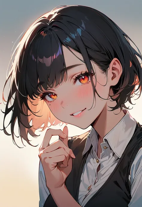 (masterpiece, best quality:1.4), 1 girl, 独奏, Red heterochromic pupils, Delicate pupils, Blurred eyes, Close your left eye, Smile, Profile,45° head tilt, Hold your chin with your right hand, Right tear mole, (Black short hair:1.2),  large breasts, Mini Girl...