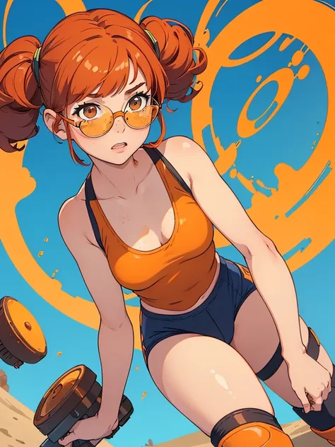 (masterpiece), (best quality), ((one girl)), ((alone)),copper red hair,(brown eyes),short hair, (curly hair),((side parted hair bangs)),anime style, freckles, (small breasts), (petite figure), (blue tank top),((orange knee pads)),legs, (desert background))...