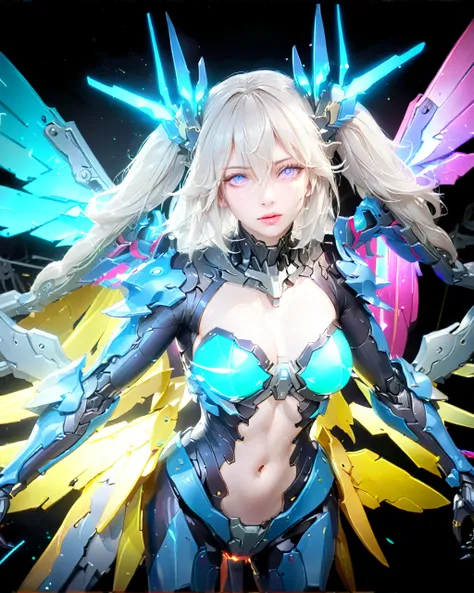 A highly detailed anime character with four arms wearing mechanical armor and wings, midriff, (best quality,4k,8k,highres,masterpiece:1.2),ultra-detailed,(realistic,photorealistic,photo-realistic:1.37),extremely detailed face and eyes, beautiful detailed l...