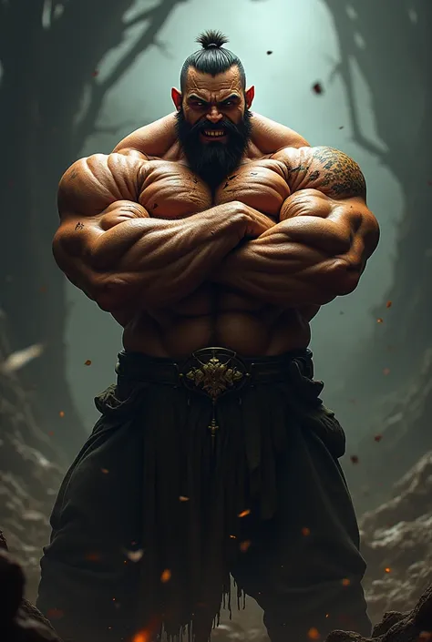 Bodybuilder, best quality, anger vein, salvia, facial hair, textured skin. Handsome、Military Hair、Full body image、Drooling、Westerners、Blonde Hair、body flexing pose、Tan Skin、bulk, Bear-like body、Massive chest plate、Screaming、sexy , Demon King、Stained with e...