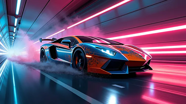 splatter art of a lamborghini aventador running in a tunnel at night, speed, motion, neon lights, atey ghailan, alena aemani, jeremy mann    photo, cinematic, vibrant