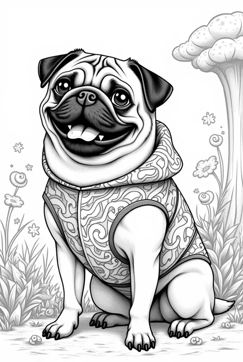 a happy realistic pug in a black and white costume to color ,  fantasy world background  ,Sketch style, use only outline, line art coloring book, clean line art