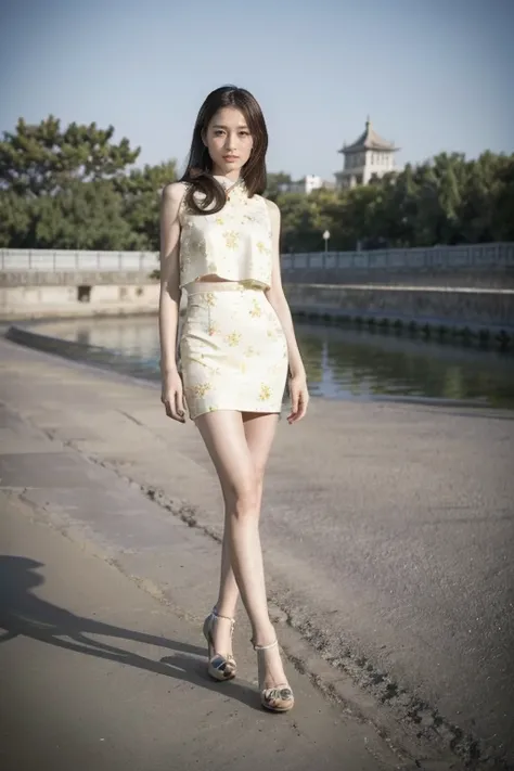 Retro Photography, Agfa, Kodak, 1 Girl,  Chinese female star，Full body portrait, Real face，Detailed face，Detailed eyes，Face shadows，Long legs，High heel，Watching_exist_Viewer,   Beijing,  Octane Rendering,  Solitary