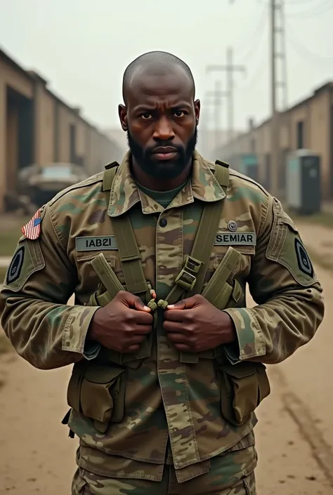 black man ,a bit overweight, shaved hair, He puts on his military clothes quickly in the morning at a military compound