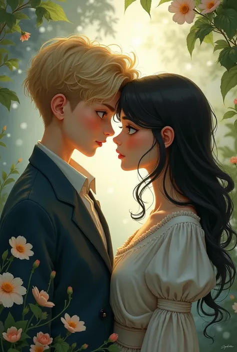 Romance book cover, with the name Flow of time Blond boy, Black Hair Girl
