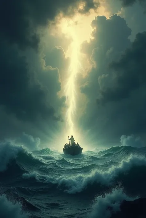 "Create a dramatic and uplifting image of a small boat caught in a fierce storm, being guided by the light of Jesus. Depict the boat struggling against powerful waves, heavy rain, and strong winds. In the midst of the tumultuous sea, show a brilliant beam ...