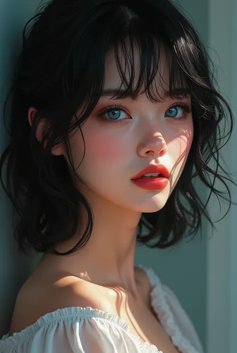 (masterpiece:1.4, best quality), (intricate details), unity 8k wallpaper, ultra detailed, beautiful and aesthetic, perfect lighting, (1girl), (black hair, blue eyes), dynamic angle,  lipstick, slim, medium breasts, detailed background, realistic, solo, per...