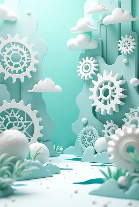 In the style of paper cut out and the combination of white and turquoise color of gear elements 

