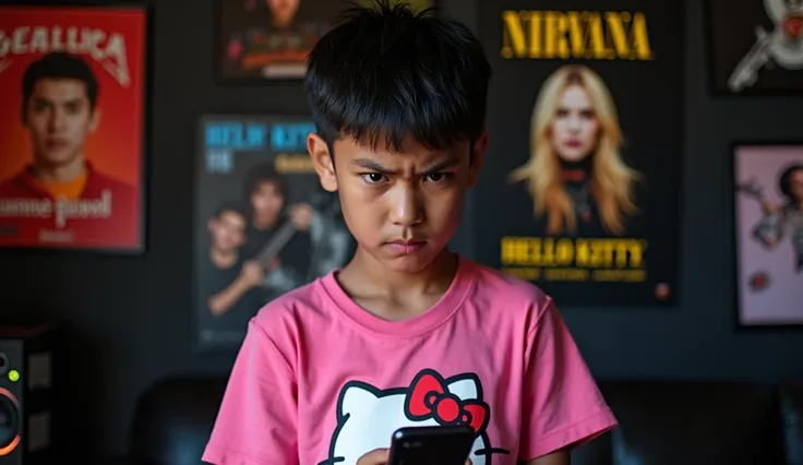 original photo. The youth face of Indonesia. wearing a pink Hello Kitty t-shirt with an angry expression on the phone. in a room designed in black, rock music style. many posters like nirvana and metallica Ultra-realistic 8K photos, taken with Leica Q2, st...