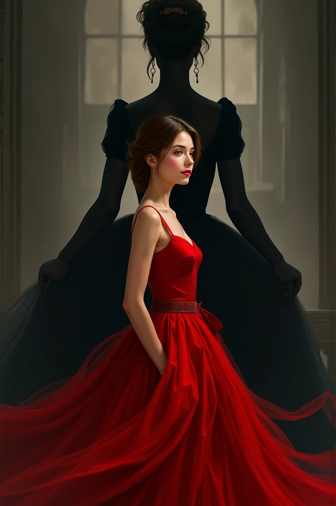 A brunette girl in a beautiful red dress, behind the shadow of a woman with a noble bearing 